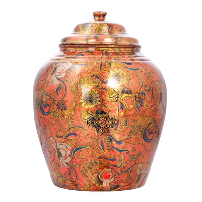 Printed Flower Design Copper Water Dispenser Pot Matka Storage Home Kitchen Garden
