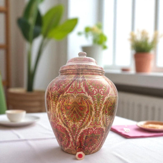 Pure Copper Printed Leaf Design Water Dispenser | Pot | Matka | Storage Pot, Home Kitchen Garden