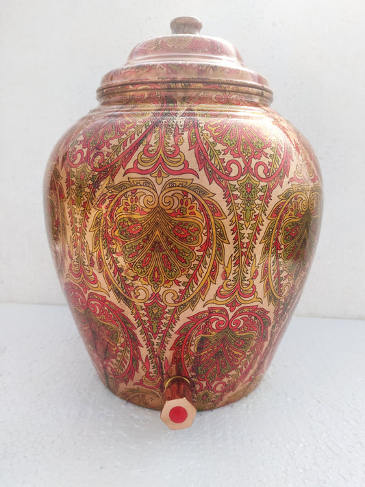 Pure Copper Printed Leaf Design Water Dispenser | Pot | Matka | Storage Pot, Home Kitchen Garden