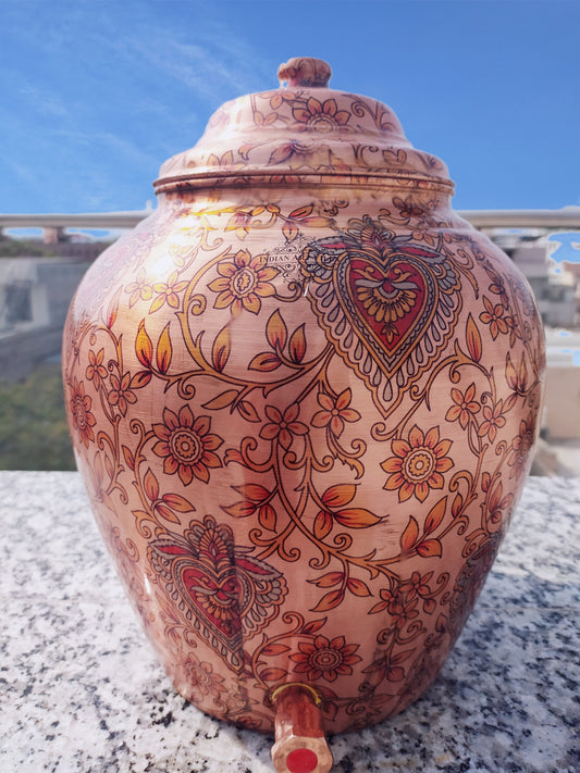 Printed Leaf Design Copper Water Dispenser Pot Matka, Storage, Home Kitchen Garden