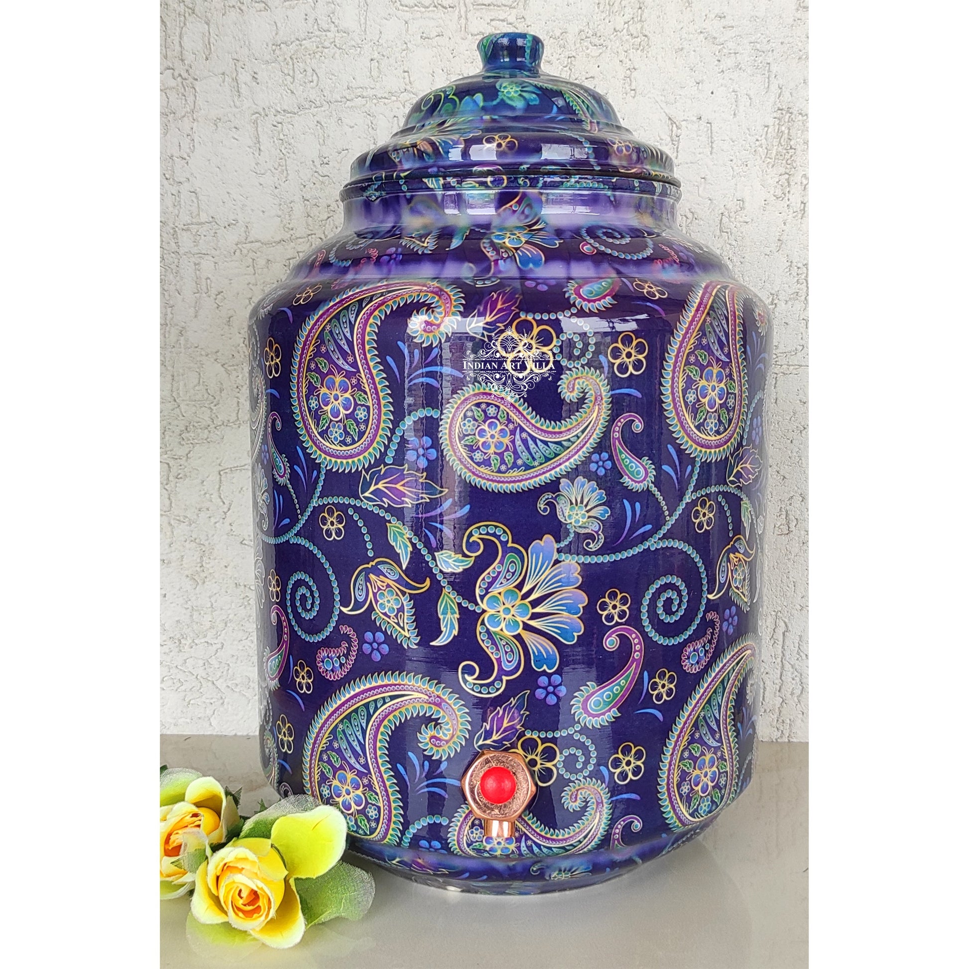 Copper Printed Water Pot With Indigo Paisley Print, Drinkware & Storage Purpose, Ayurvedic Health Benefits, Volume-13 Liters