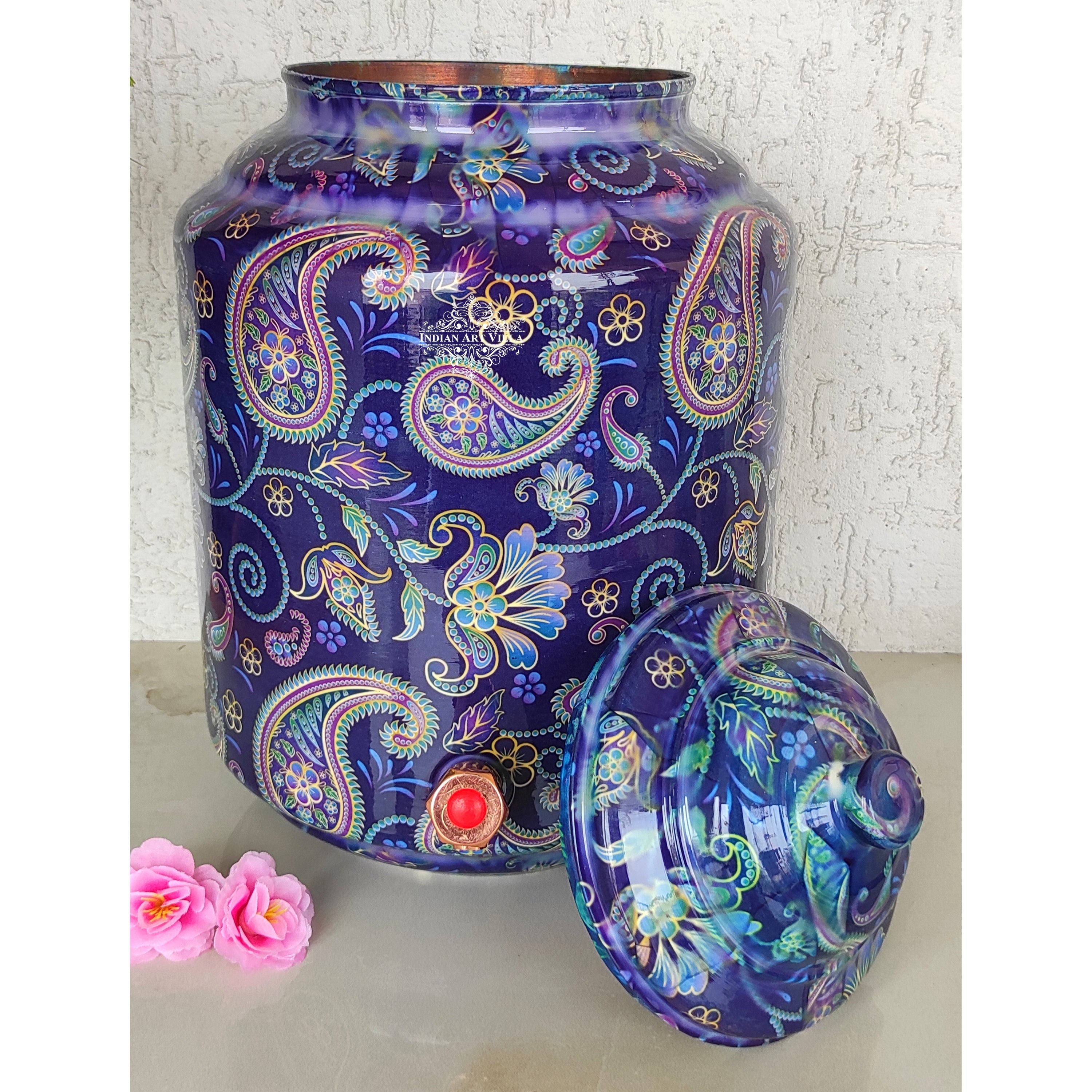 Copper Printed Water Pot With Indigo Paisley Print, Drinkware & Storage Purpose, Ayurvedic Health Benefits, Volume-13 Liters