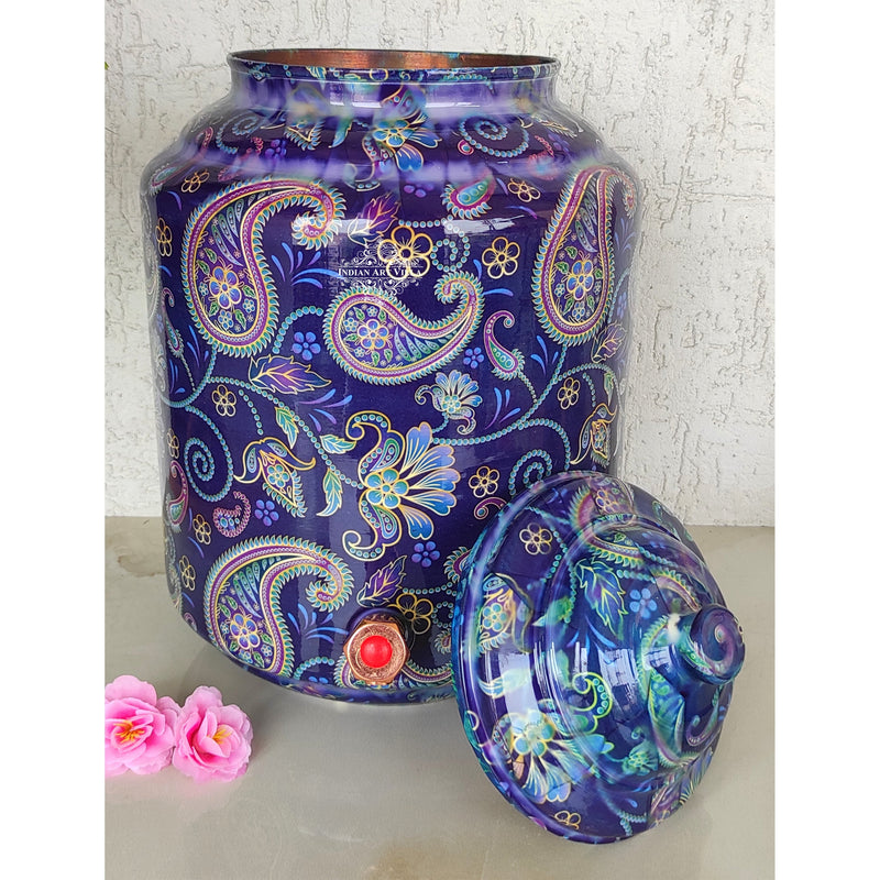 Copper Printed Water Pot With Indigo Paisley Print, Drinkware & Storage Purpose, Ayurvedic Health Benefits, Volume-13 Liters