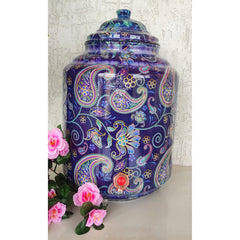 Copper Printed Water Pot With Indigo Paisley Print, Drinkware & Storage Purpose, Ayurvedic Health Benefits, Volume-13 Liters