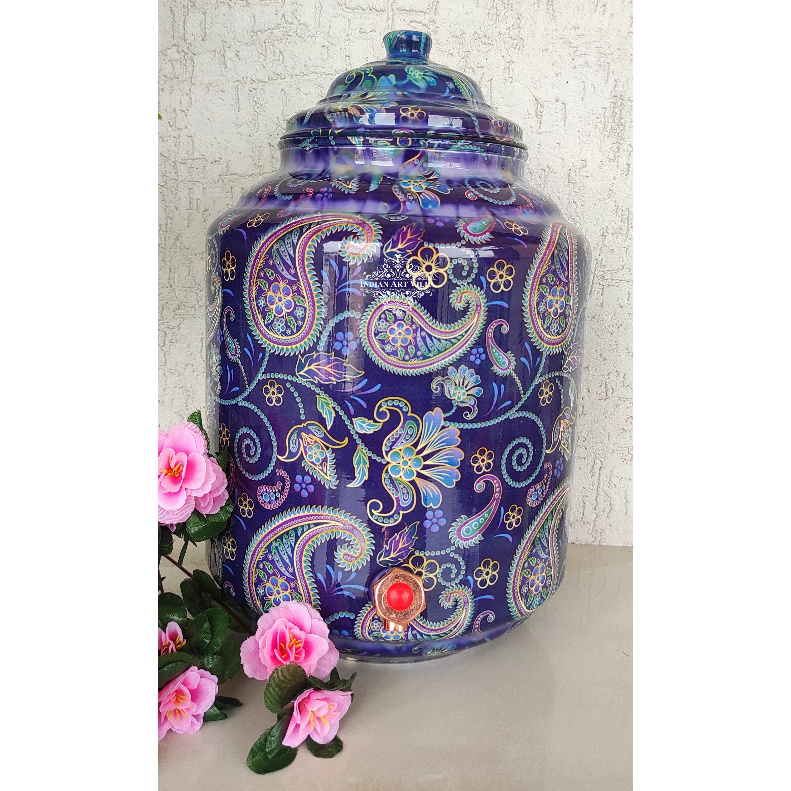 Copper Printed Water Pot With Indigo Paisley Print, Drinkware & Storage Purpose, Ayurvedic Health Benefits, Volume-13 Liters
