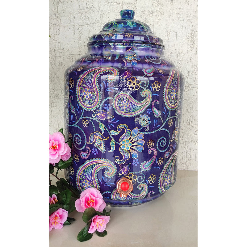 Copper Printed Water Pot With Indigo Paisley Print, Drinkware & Storage Purpose, Ayurvedic Health Benefits, Volume-13 Liters