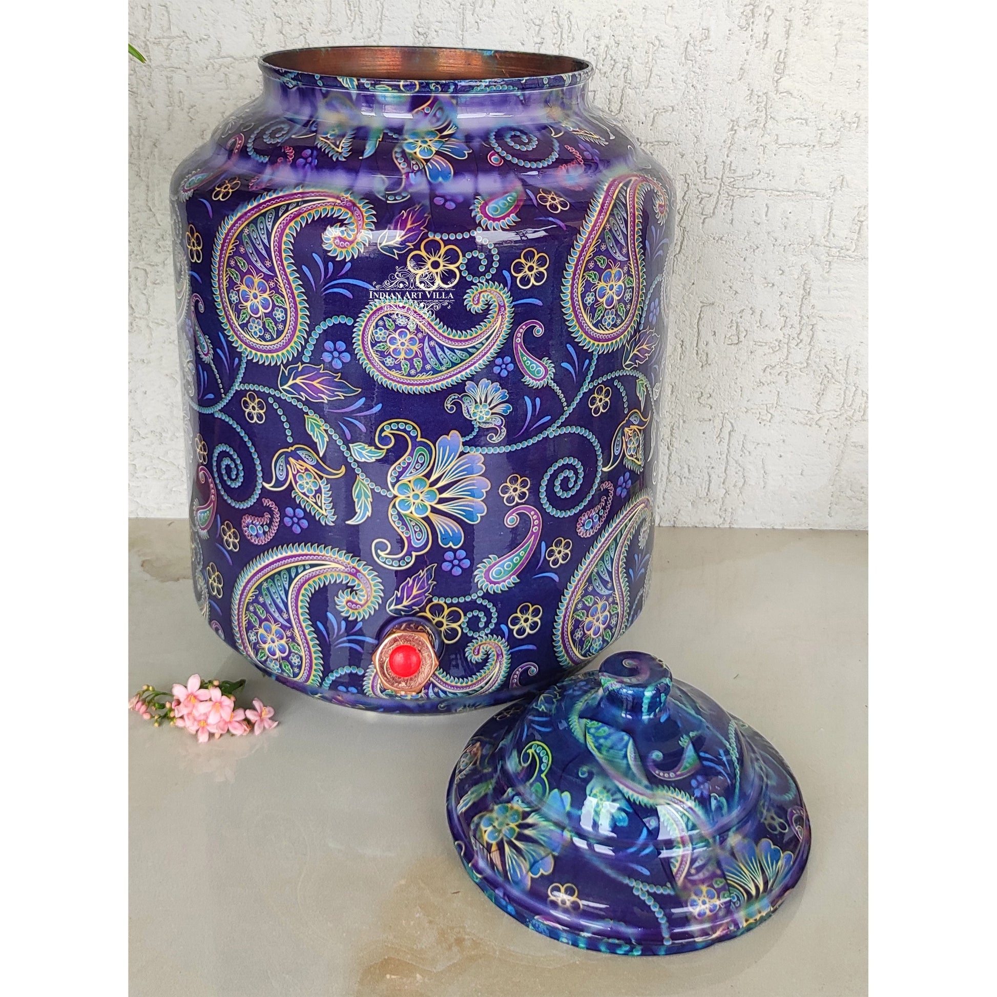 Copper Printed Water Pot With Indigo Paisley Print, Drinkware & Storage Purpose, Ayurvedic Health Benefits, Volume-13 Liters