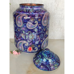 Copper Printed Water Pot With Indigo Paisley Print, Drinkware & Storage Purpose, Ayurvedic Health Benefits, Volume-13 Liters