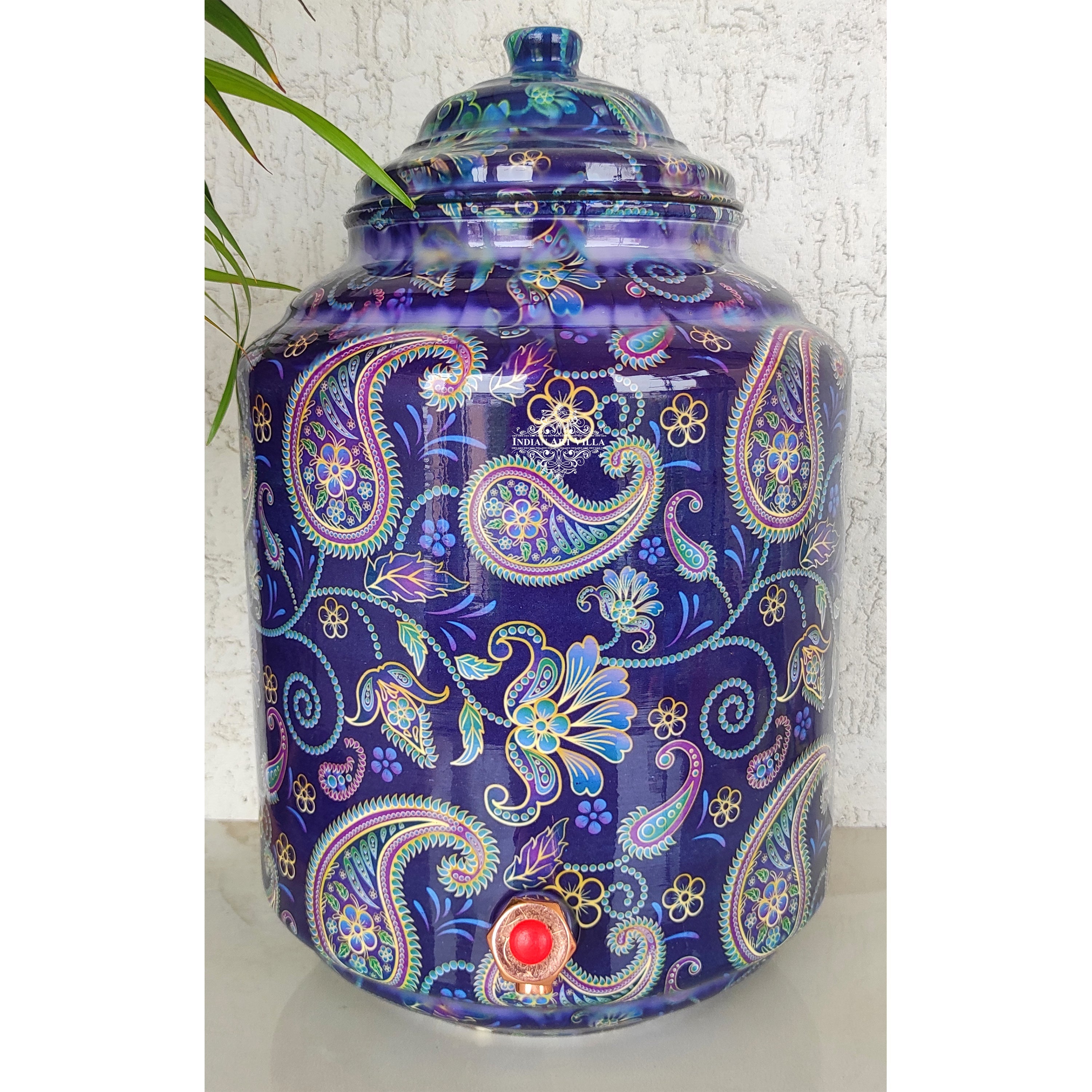 Copper Printed Water Pot With Indigo Paisley Print, Drinkware & Storage Purpose, Ayurvedic Health Benefits, Volume-13 Liters
