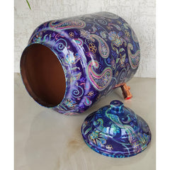 Copper Printed Water Pot With Indigo Paisley Print, Drinkware & Storage Purpose, Ayurvedic Health Benefits, Volume-13 Liters