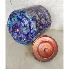 Copper Printed Water Pot With Indigo Paisley Print, Drinkware & Storage Purpose, Ayurvedic Health Benefits, Volume-13 Liters