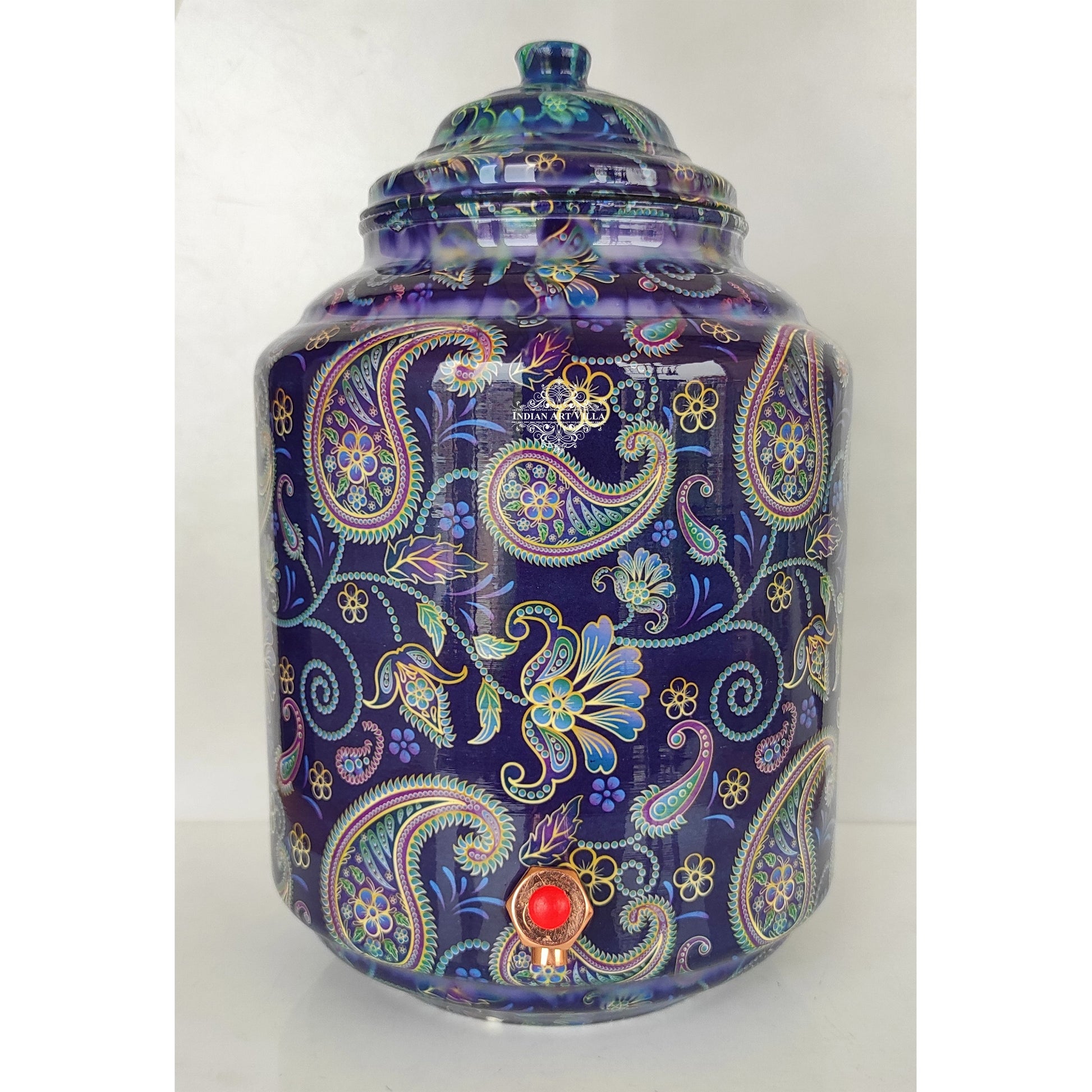 Copper Printed Water Pot With Indigo Paisley Print, Drinkware & Storage Purpose, Ayurvedic Health Benefits, Volume-13 Liters