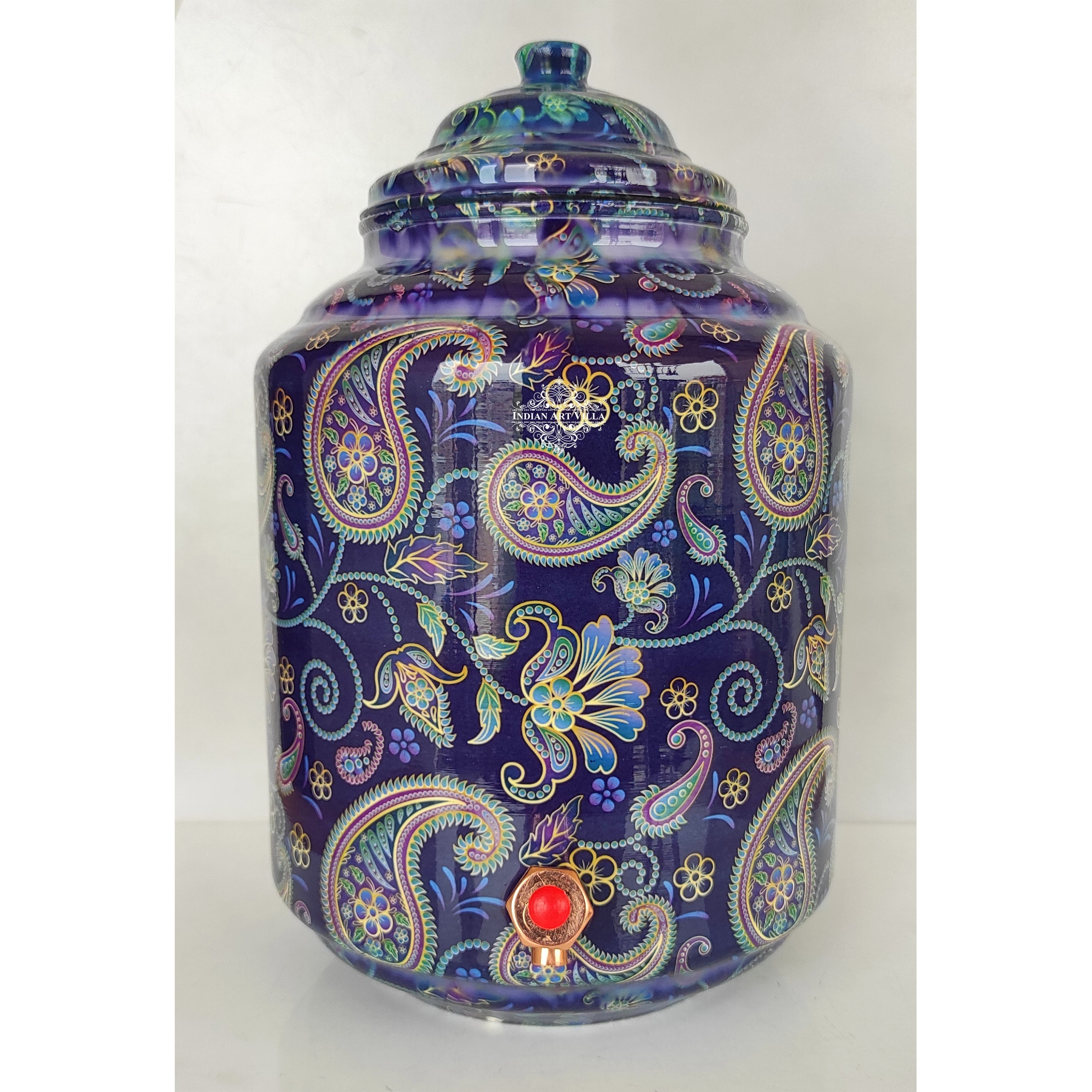 Copper Printed Water Pot With Indigo Paisley Print, Drinkware & Storage Purpose, Ayurvedic Health Benefits, Volume-13 Liters