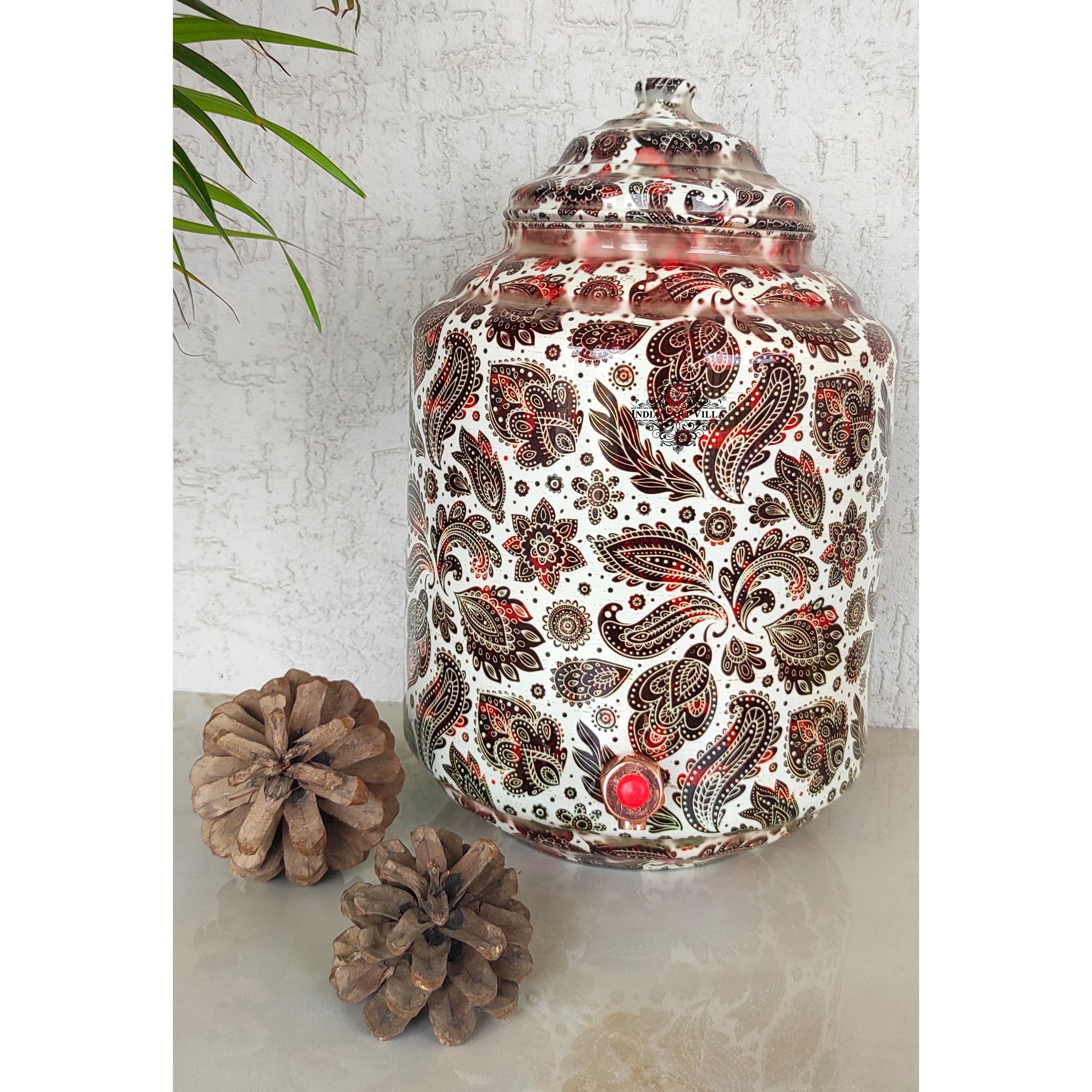 Copper Printed Water Pot With White Scarlet Paisley Print, Drinkware & Storage Purpose, Ayurvedic Health Benefits, Volume-13 Liters
