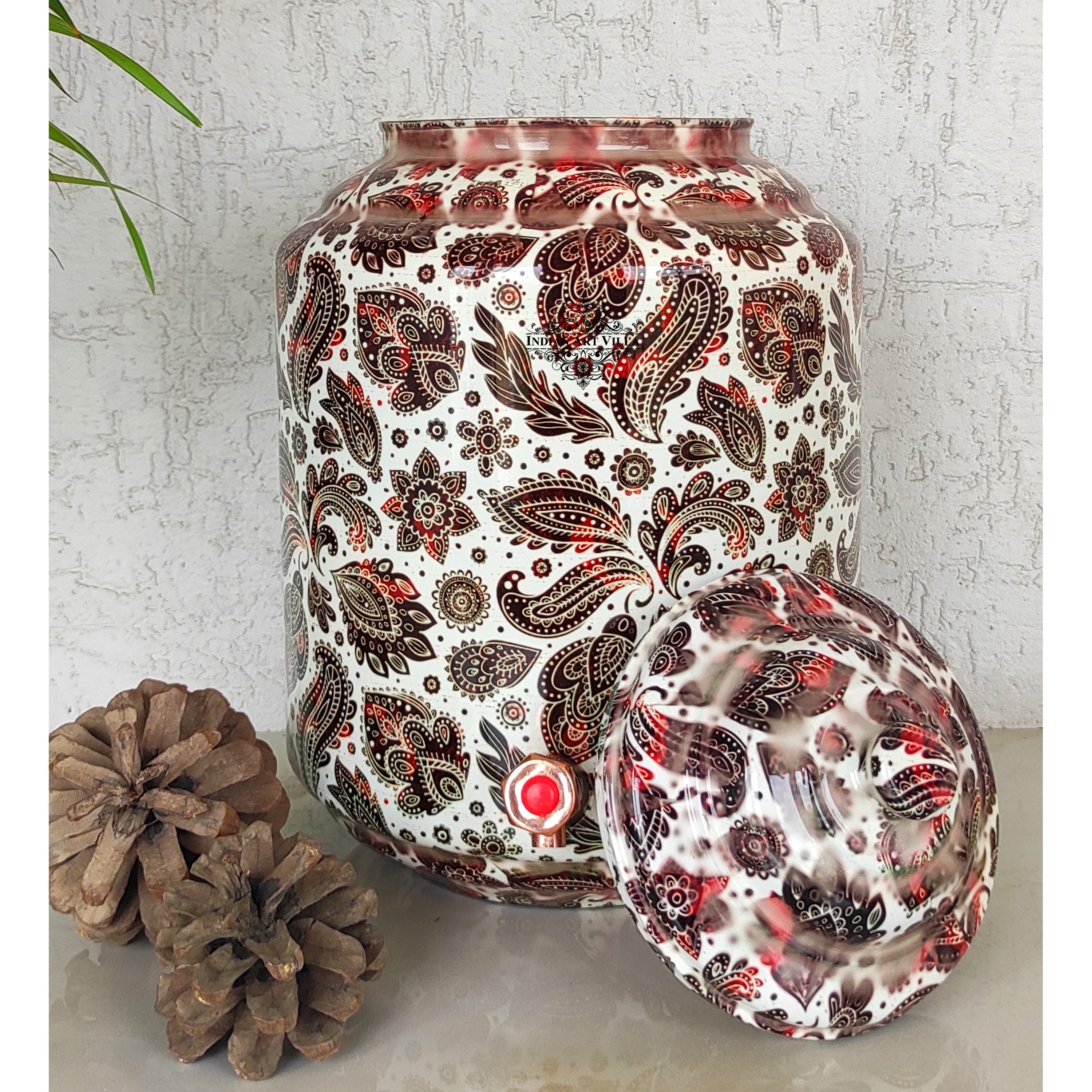 Copper Printed Water Pot With White Scarlet Paisley Print, Drinkware & Storage Purpose, Ayurvedic Health Benefits, Volume-13 Liters