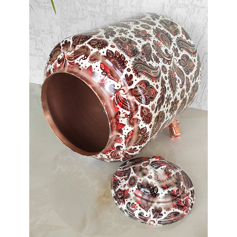 Copper Printed Water Pot With White Scarlet Paisley Print, Drinkware & Storage Purpose, Ayurvedic Health Benefits, Volume-13 Liters