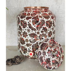 Copper Printed Water Pot With White Scarlet Paisley Print, Drinkware & Storage Purpose, Ayurvedic Health Benefits, Volume-13 Liters