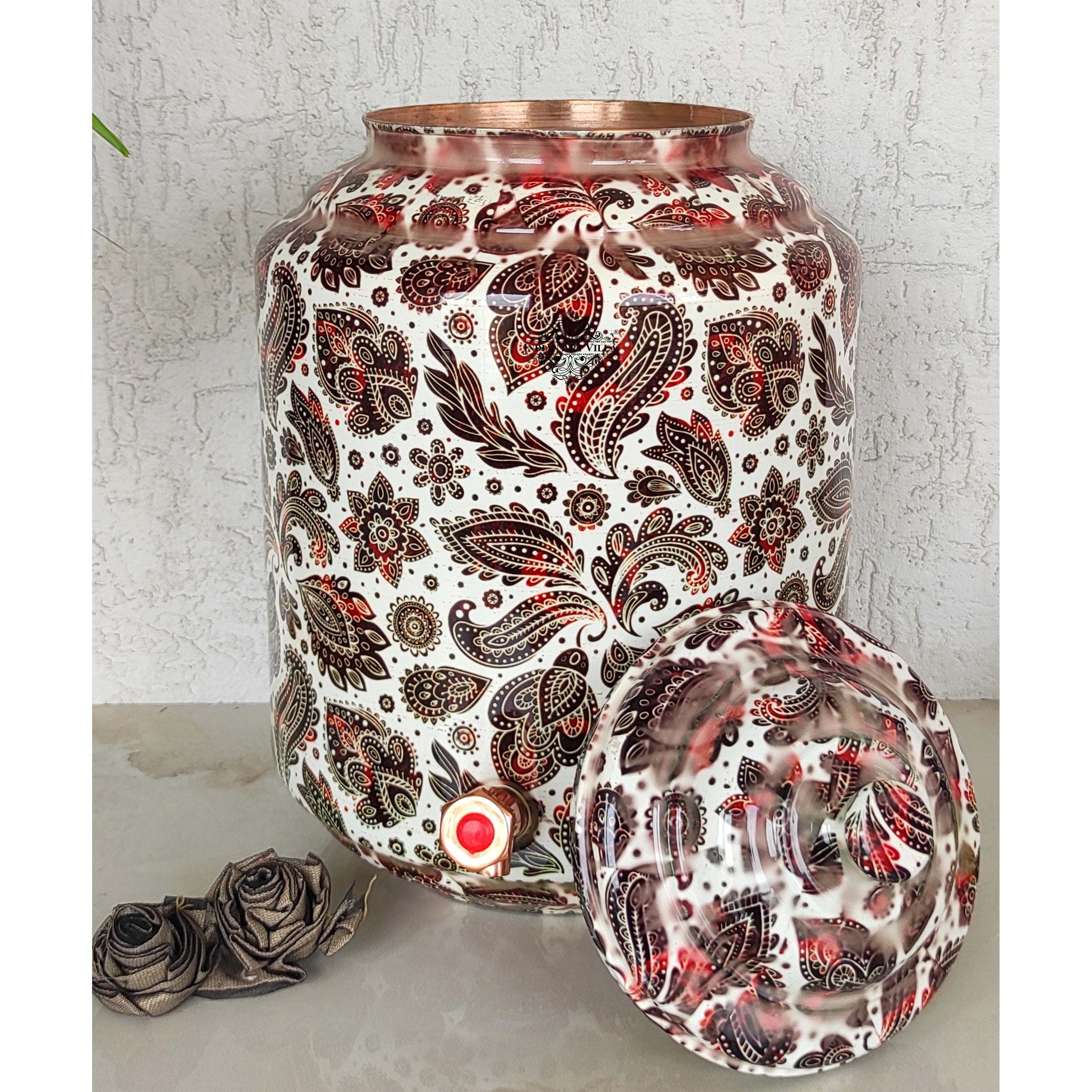 Copper Printed Water Pot With White Scarlet Paisley Print, Drinkware & Storage Purpose, Ayurvedic Health Benefits, Volume-13 Liters