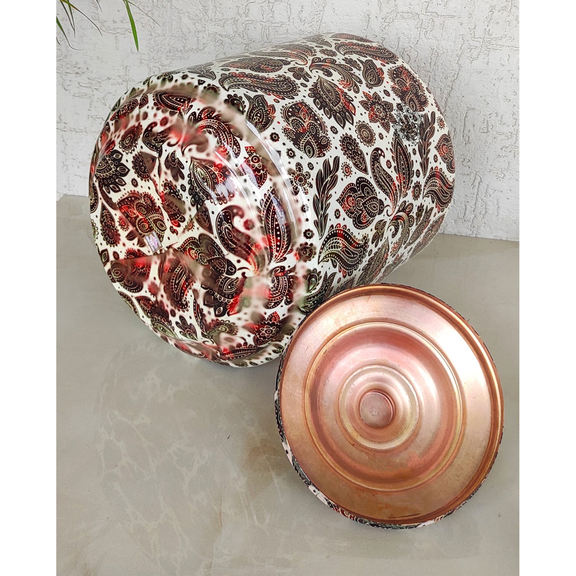 Copper Printed Water Pot With White Scarlet Paisley Print, Drinkware & Storage Purpose, Ayurvedic Health Benefits, Volume-13 Liters