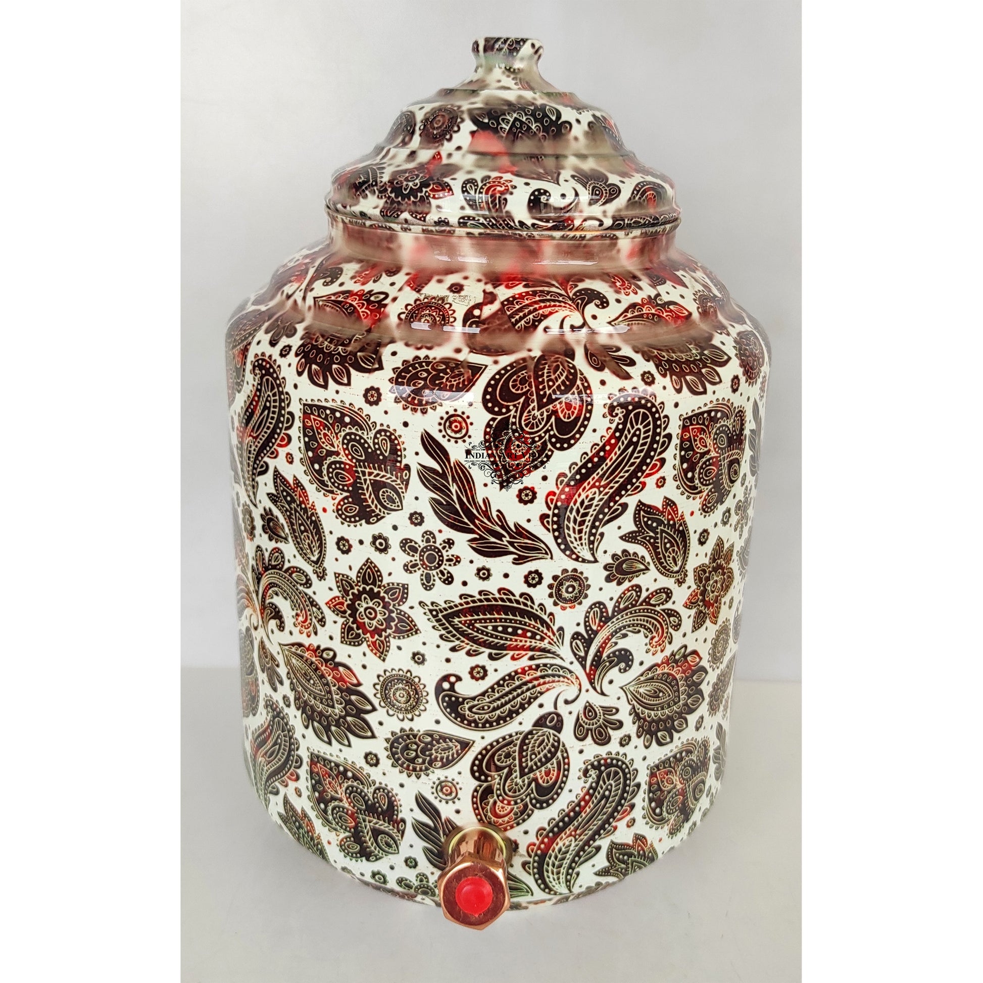 Copper Printed Water Pot With White Scarlet Paisley Print, Drinkware & Storage Purpose, Ayurvedic Health Benefits, Volume-13 Liters