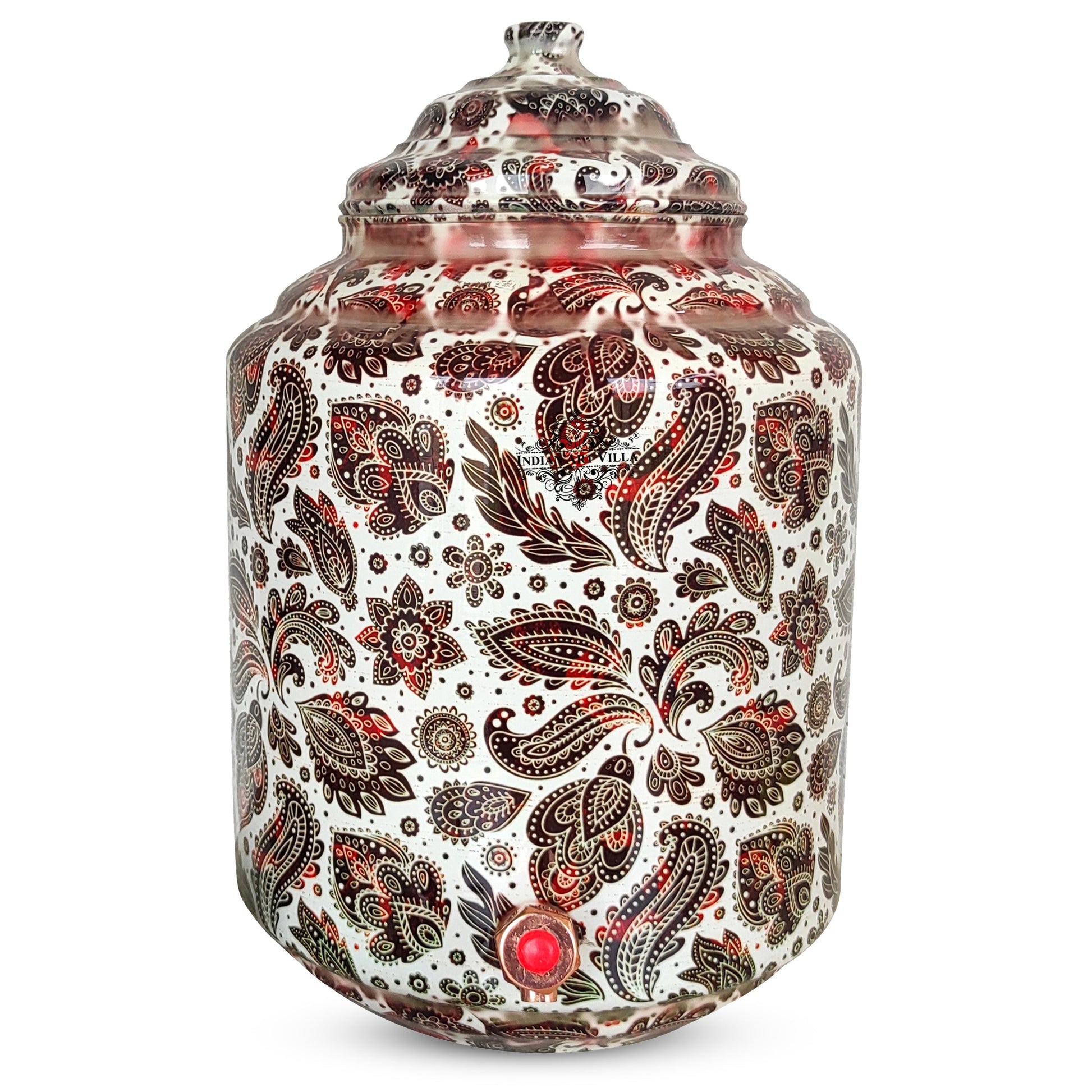 Copper Printed Water Pot With White Scarlet Paisley Print, Drinkware & Storage Purpose, Ayurvedic Health Benefits, Volume-13 Liters