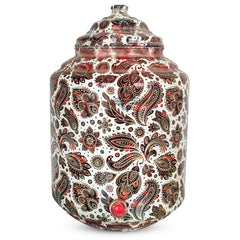 Copper Printed Water Pot With White Scarlet Paisley Print, Drinkware & Storage Purpose, Ayurvedic Health Benefits, Volume-13 Liters