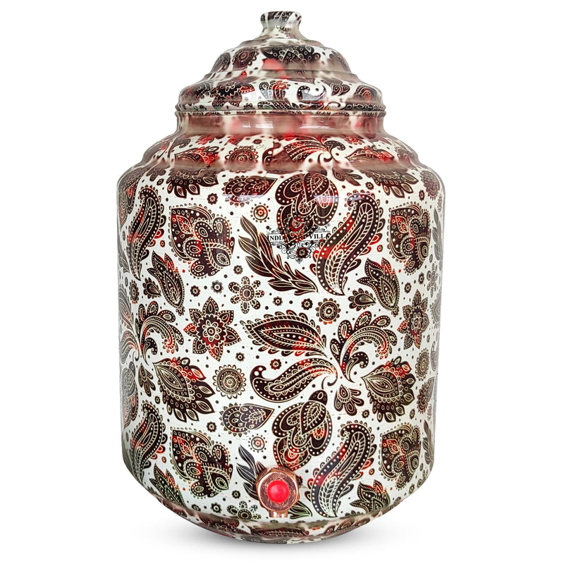 Copper Printed Water Pot With White Scarlet Paisley Print, Drinkware & Storage Purpose, Ayurvedic Health Benefits, Volume-13 Liters