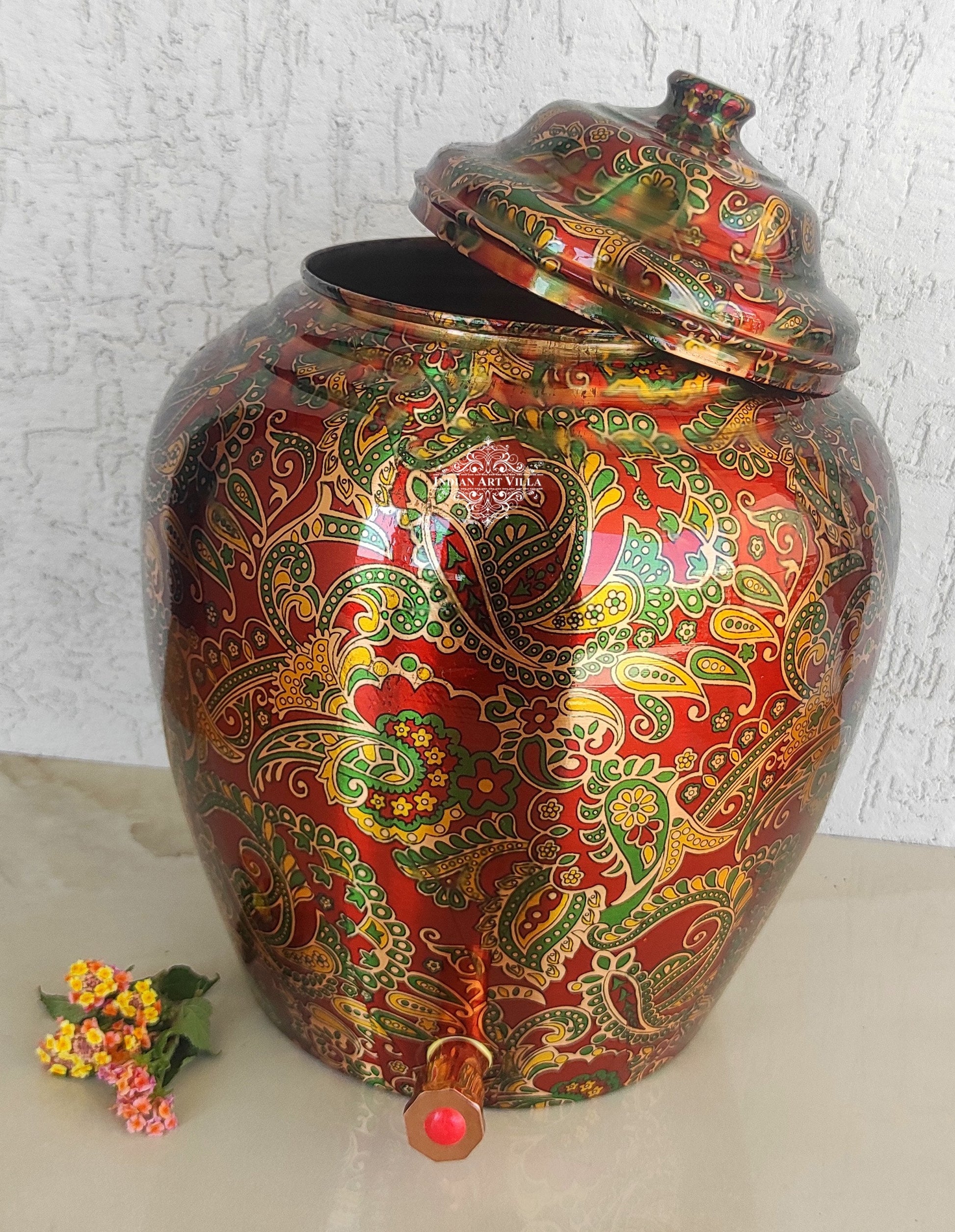 Pure Copper Printed Red And Green Paisley Water Pot