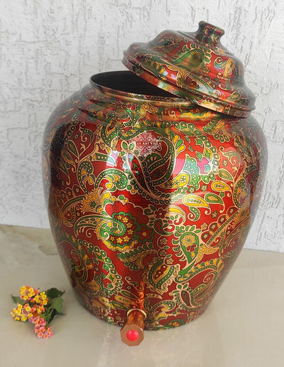 Pure Copper Printed Red And Green Paisley Water Pot