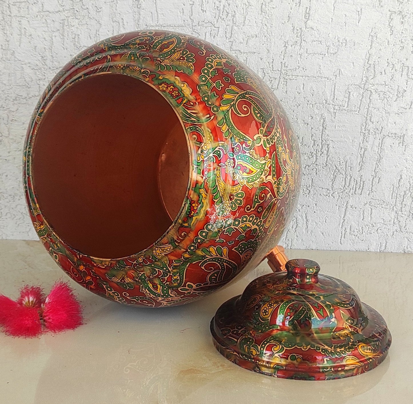 Pure Copper Printed Red And Green Paisley Water Pot