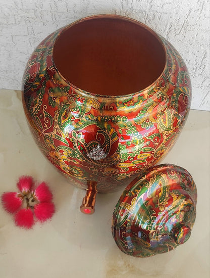 Pure Copper Printed Red And Green Paisley Water Pot