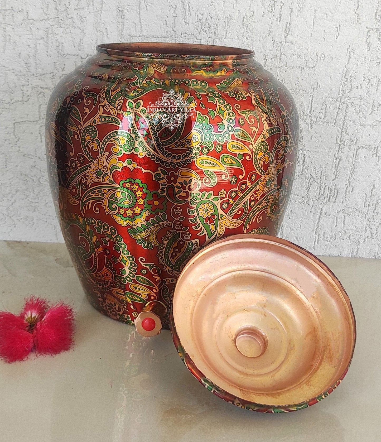 Pure Copper Printed Red And Green Paisley Water Pot