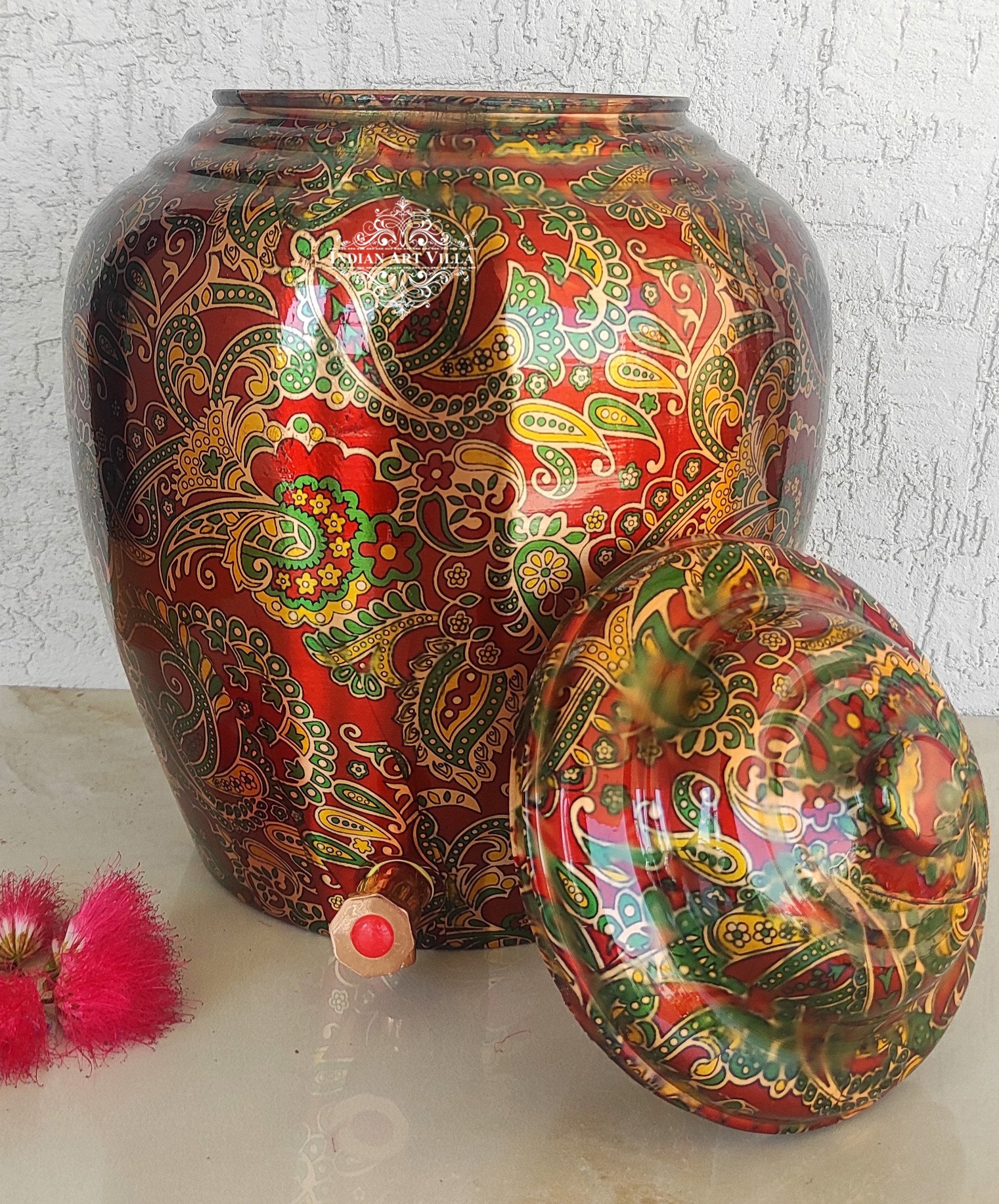 Pure Copper Printed Red And Green Paisley Water Pot