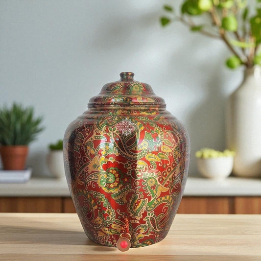 Pure Copper Printed Red And Green Paisley Water Pot