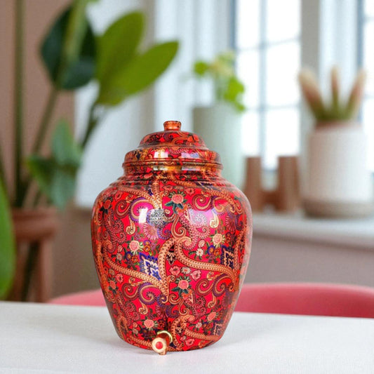 Printed Copper Water Dispenser Pot Matka In Candy Red Abstract Print With Brass Tap, Storage, Home Kitchen Garden