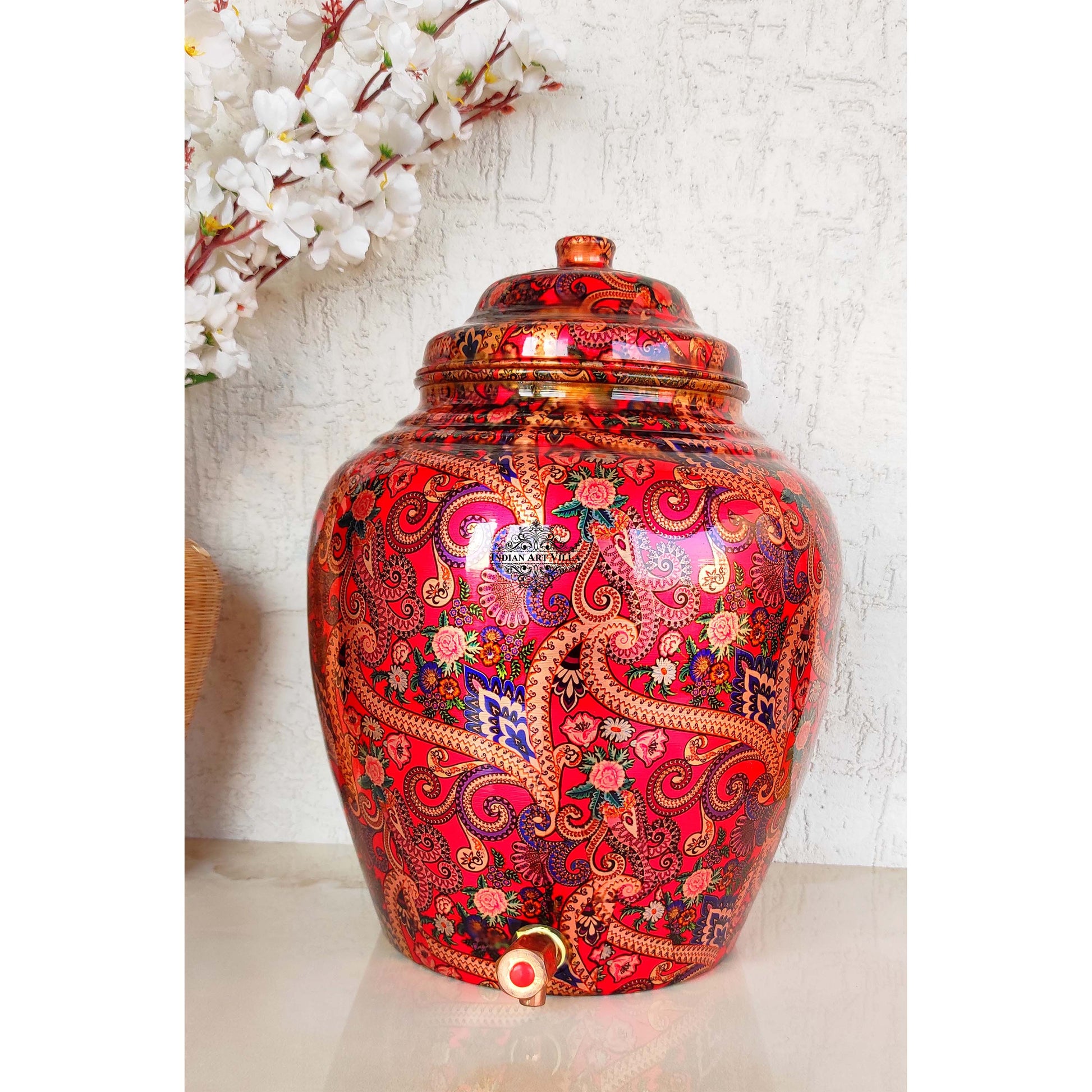 Printed Copper Water Dispenser Pot Matka In Candy Red Abstract Print With Brass Tap, Storage, Home Kitchen Garden