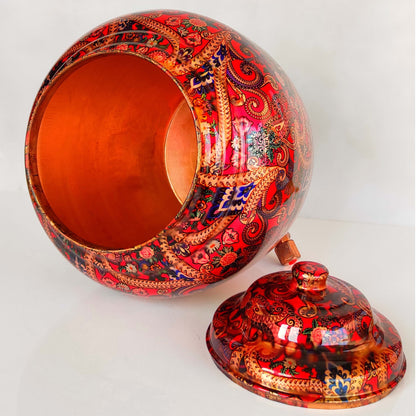 Printed Copper Water Dispenser Pot Matka In Candy Red Abstract Print With Brass Tap, Storage, Home Kitchen Garden