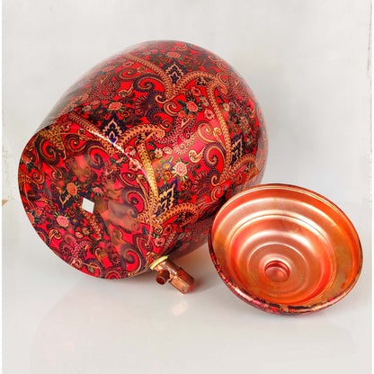 Printed Copper Water Dispenser Pot Matka In Candy Red Abstract Print With Brass Tap, Storage, Home Kitchen Garden