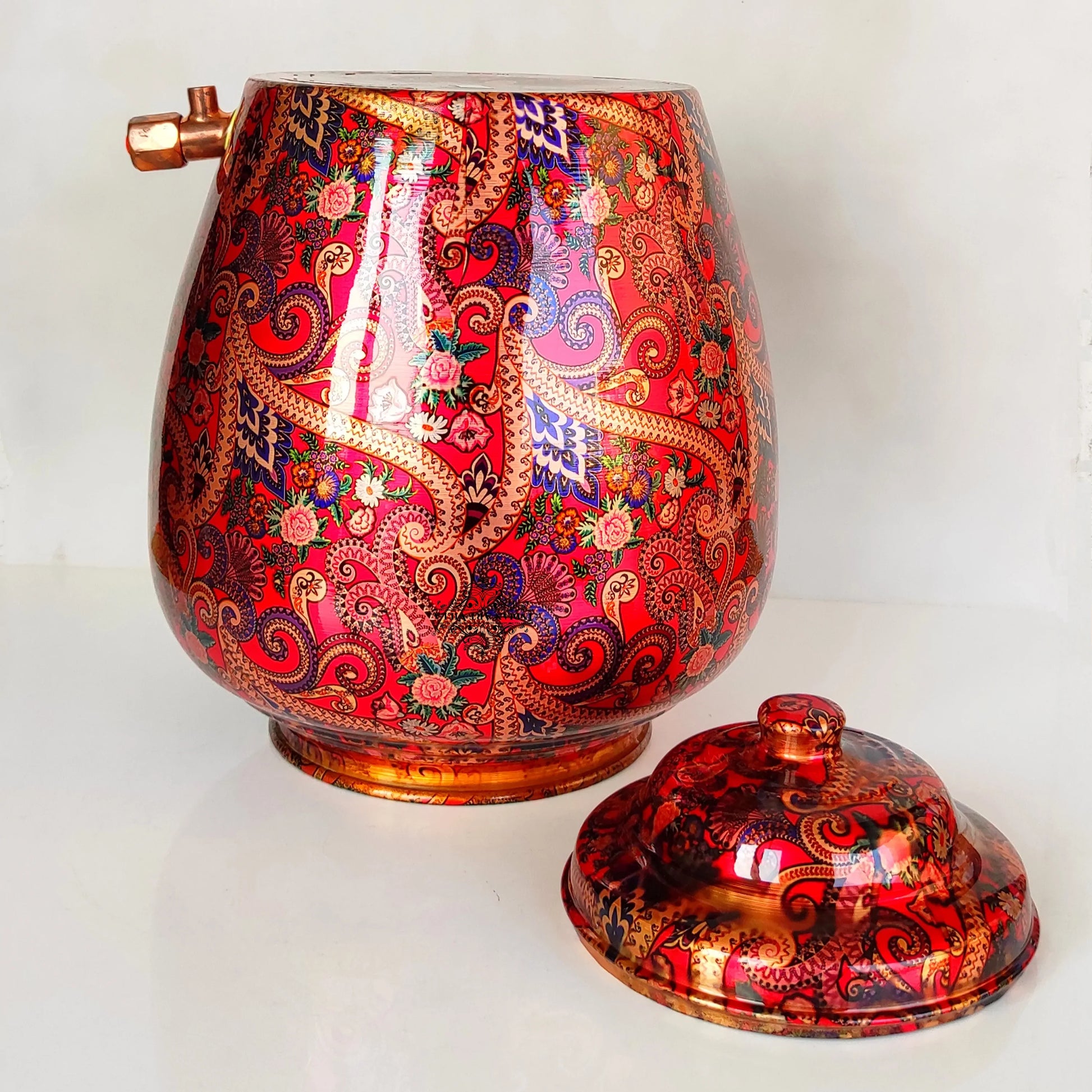 Printed Copper Water Dispenser Pot Matka In Candy Red Abstract Print With Brass Tap, Storage, Home Kitchen Garden