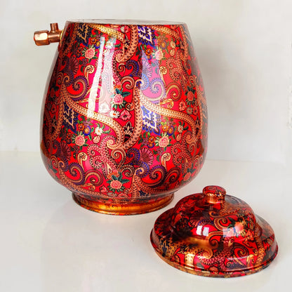 Printed Copper Water Dispenser Pot Matka In Candy Red Abstract Print With Brass Tap, Storage, Home Kitchen Garden