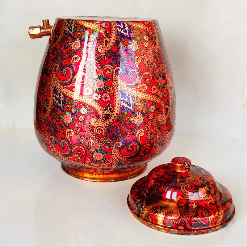 Printed Copper Water Dispenser Pot Matka In Candy Red Abstract Print With Brass Tap, Storage, Home Kitchen Garden