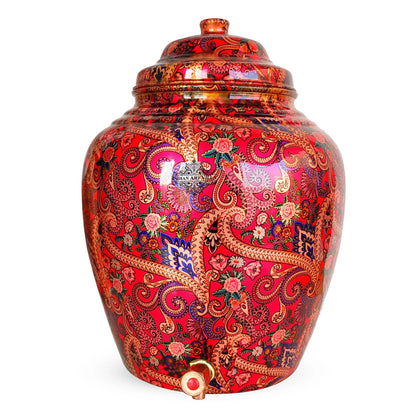Printed Copper Water Dispenser Pot Matka In Candy Red Abstract Print With Brass Tap, Storage, Home Kitchen Garden