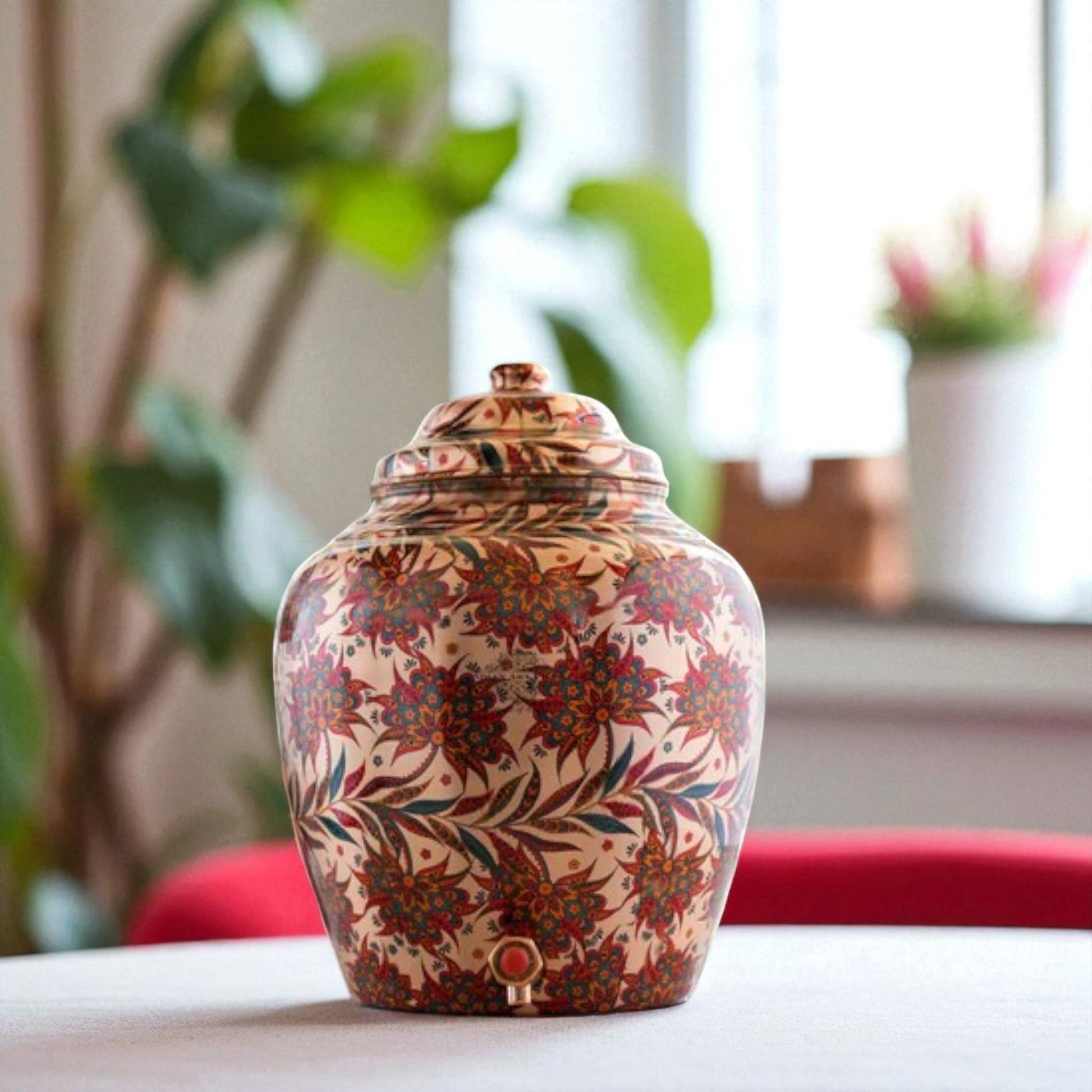 Copper Water Dispenser/Pot/Matka In Red and Blue Floral Print Design with Brass Tap,13 Ltr.