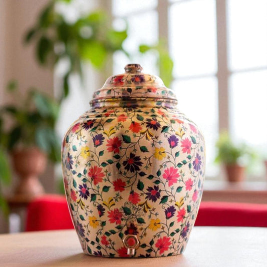 Pure Copper Water Dispenser/Matka In Multi Color Floral Print Design with Brass Tap,13 Ltr.