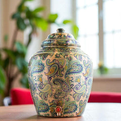 Copper Water Pot/Dispenser/ Matka in Green Paisley Printed Design with Brass Tap,13 Ltr