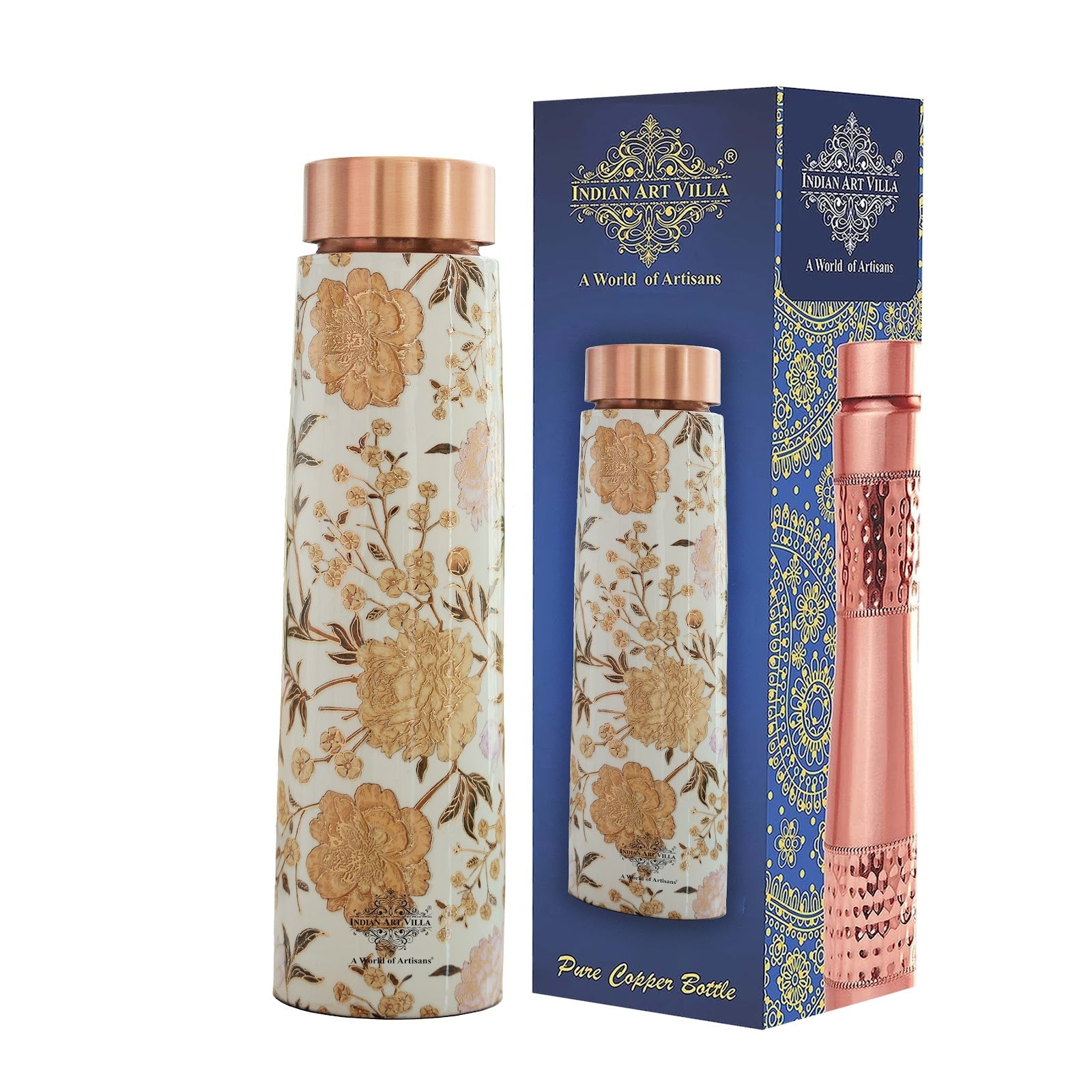 Pure Copper Water Bottle with Pyramid Shape Gold Print Design, 800 ML