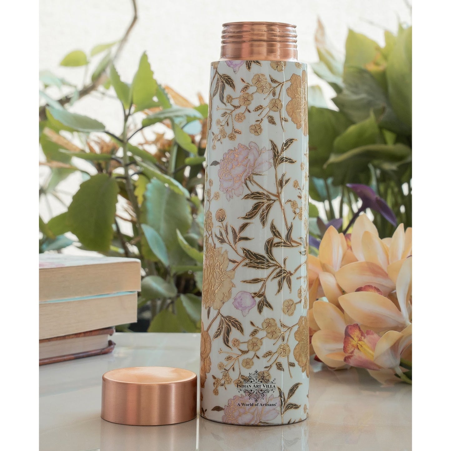 Pure Copper Water Bottle with Pyramid Shape Gold Print Design, 800 ML