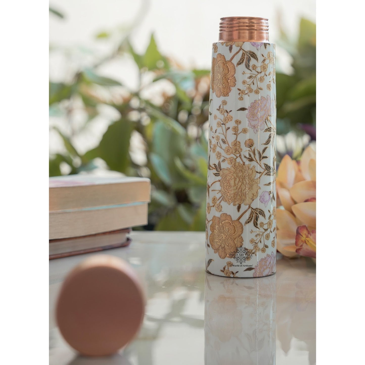 Pure Copper Water Bottle with Pyramid Shape Gold Print Design, 800 ML