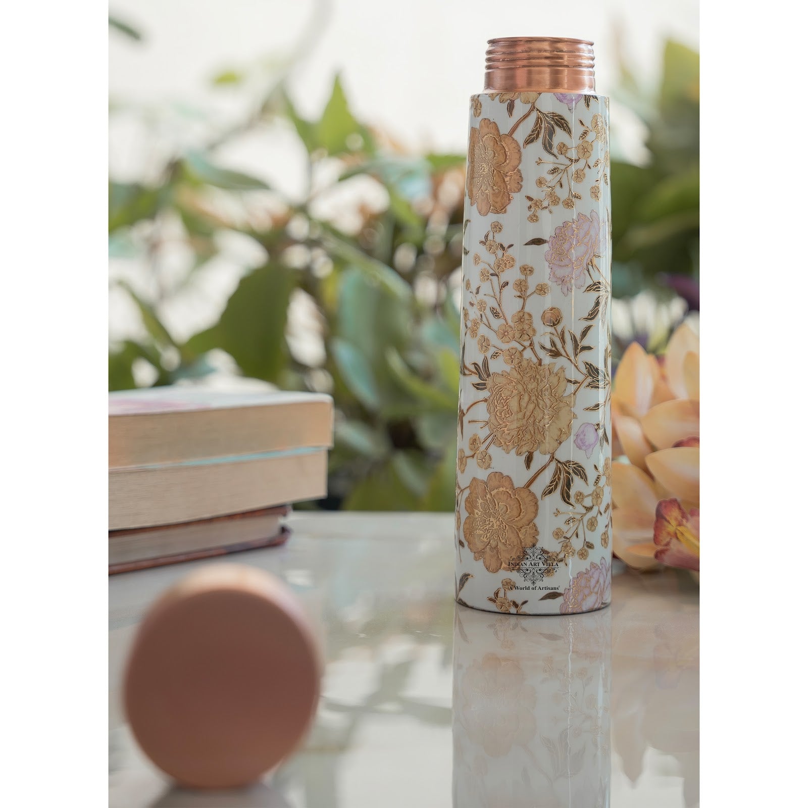 Pure Copper Water Bottle with Pyramid Shape Gold Print Design, 800 ML