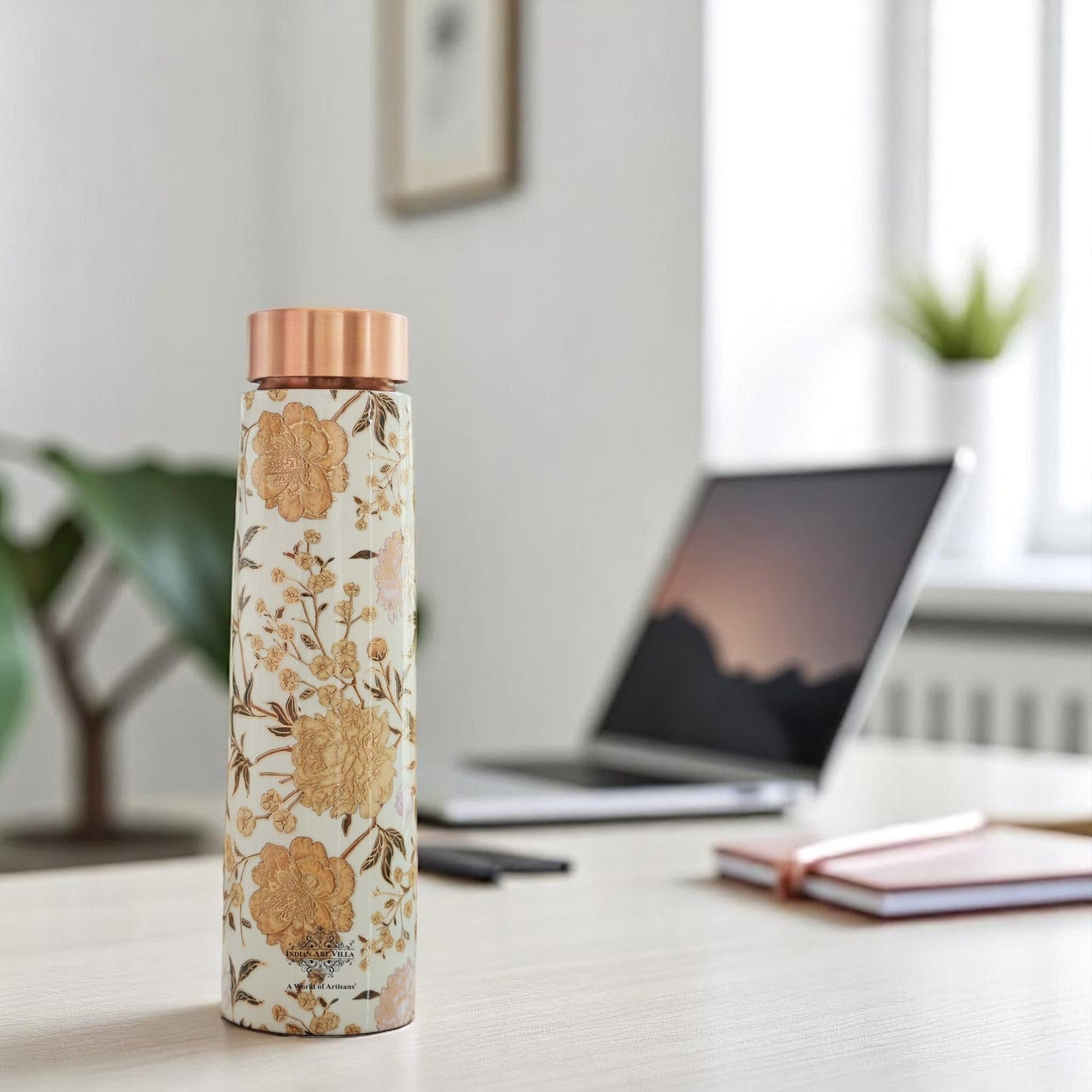 Pure Copper Water Bottle with Pyramid Shape Gold Print Design, 800 ML